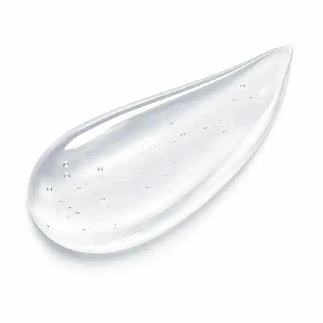 Clear hydrating skincare gel texture with air bubbles on a white background
